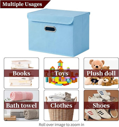 STOREONE Fabric Storage Cube Bins Foldable Organizer Container Collapsible Basket with Lids and Metal Handles, for Home, Bedroom, Closet 3 Pcs (multicolour-blue)