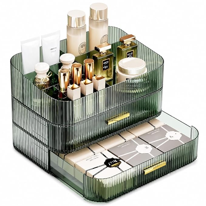 Makeup Organizer for Vanity, Large Desk Organizer with Stackable Drawers for Cosmetics, Skincare, Lipsticks, Palette, Nail Care, Ideal Storage for Dresser and Bathroom Countertop-Green