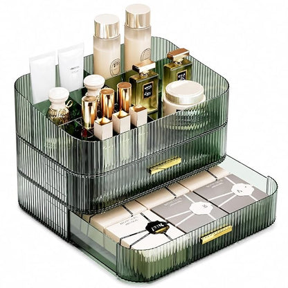 Makeup Organizer for Vanity, Large Desk Organizer with Stackable Drawers for Cosmetics, Skincare, Lipsticks, Palette, Nail Care, Ideal Storage for Dresser and Bathroom Countertop-Green