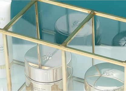 JIARI Gold 4-Compartment Desktop Organizer, Transparent Glass Makeup Brush Holder, 10.23x3.54x2.75 Inches Storage for Home Office and School Items (Gold-4 Slot)