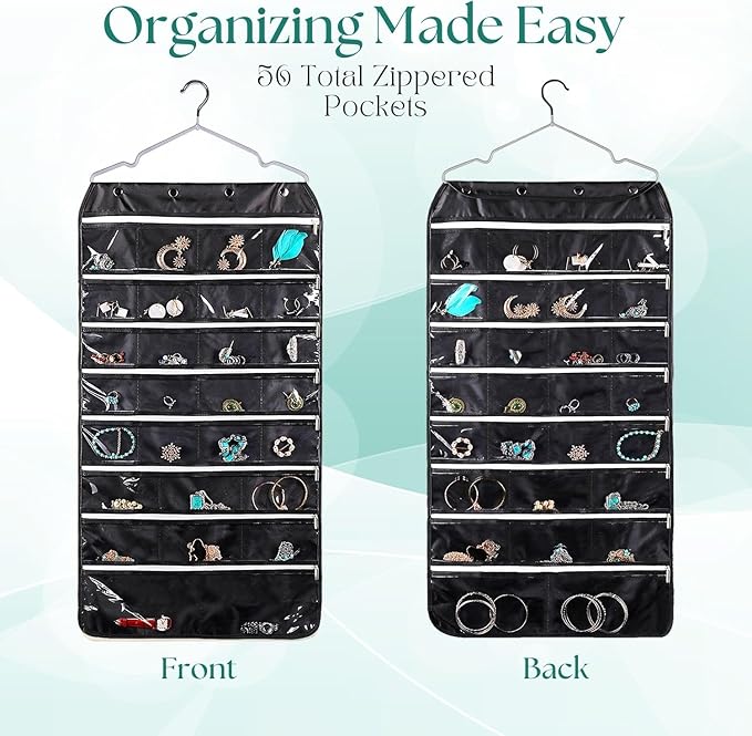 Flexzion Hanging Jewelry Organizer with Zippered Pockets - (1 Pack) Black Closet Jewelry Organizer Storage with Hanger, 56 Pockets Dual Sided Earring Organizer Hanging for Bracelets, Watches, Ring