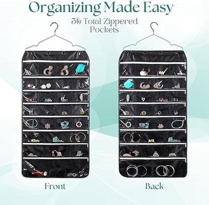 Flexzion Hanging Jewelry Organizer with Zippered Pockets - (1 Pack) Black Closet Jewelry Organizer Storage with Hanger, 56 Pockets Dual Sided Earring Organizer Hanging for Bracelets, Watches, Ring