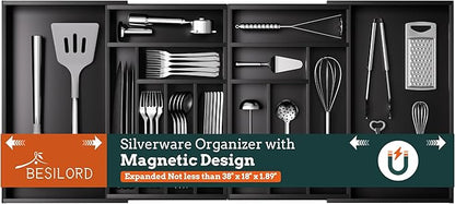 Silverware Organizer Large, Magnetic Connected Expandable 13 Slots Silverware Drawer Organizer From 21 to 37.4 Inches, Adjustable Flatware and Cutlery Holder, Bamboo Utensil Tray for Kitchen Black