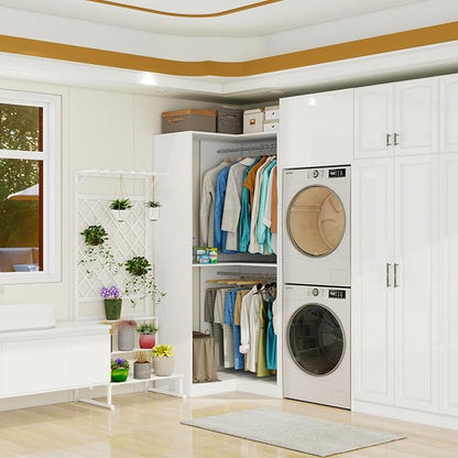 Vomavex Corner Closet System with 3 Hanging Rods, 30.8”-70.2” L Shaped Freestanding Closet Organizer for Walkin Closet, Corner Wardrobe, White