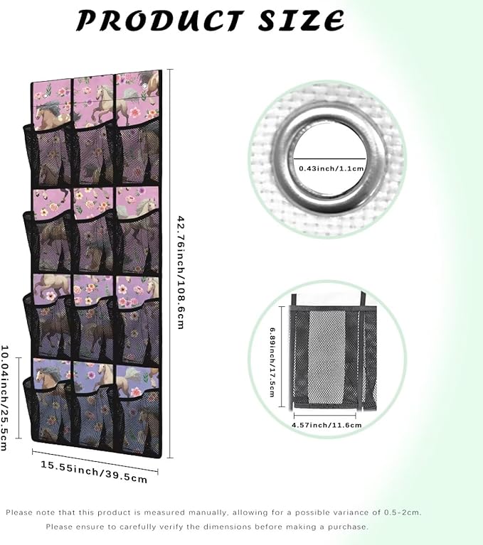 Flower Horse Over Door Organizer, 12 Compartment Breathable Mesh Hanging Shoe Rack, Waterproof Durable Door Hanger for Bedroom Closet & Dorm Room Storage