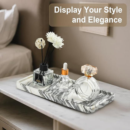 Natural Marble Vanity Tray - Moujings Genuine Marble Perfume Tray for Bathroom Decor, Stone Bathroom Vanity Organizer Tray for Kitchen Counter, Candles, Jewelry, Coffee, Makeup, Key