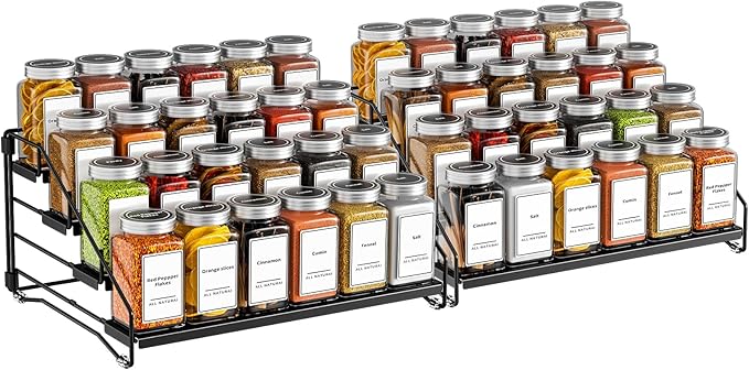 BOIVSHI 4 Tier Spice Rack Organzier, Spice Rack for Cabinet, Adjustable Depth Seasoning Shelf for Countertop, Pantry, Seasoning Organizer, Metal, Black (2 Pack)