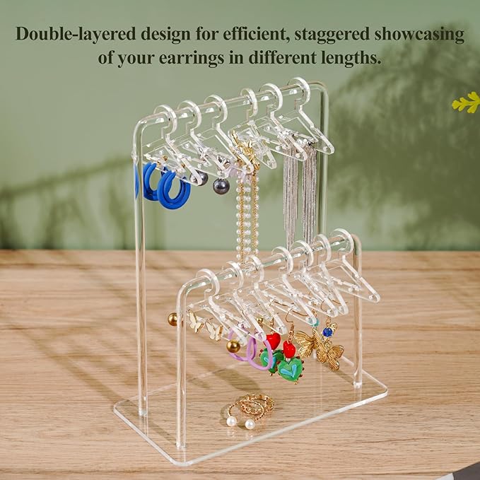 NiHome Clear Acrylic Earring Organizer Stand for Home, Store, Exhibition - Mirror-Finish 2-Tiered Display for 48 Pairs, 16 Mini Hangers Holder Tangle-Free Storage Adds Elegance to Jewelry Presentation