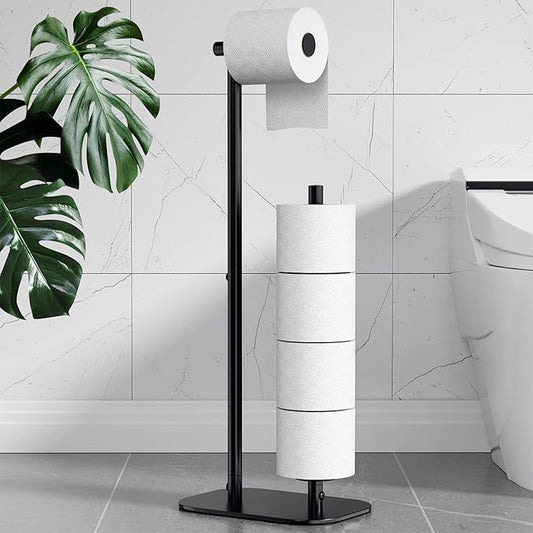 Kitsure Toilet Paper Holder Free Standing - Large Capacity Toilet Paper Holder for 4 Rolls, Rustproof Toilet Paper Stand with Non-Slip Stable Base, Black, Large