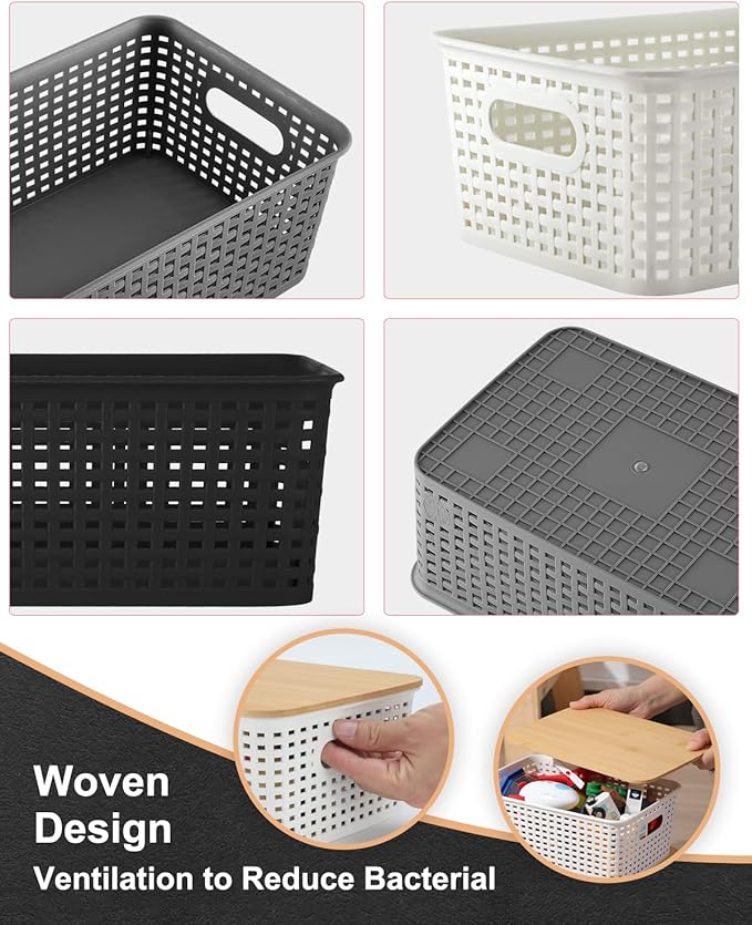 AREYZIN Storage Bins with Bamboo Lids Set of 6 Lidded Storage Container Plastic Baskets Organizer Bins for Organizing Kithen Room Bedroom Office Closet, Sturdy(Black)