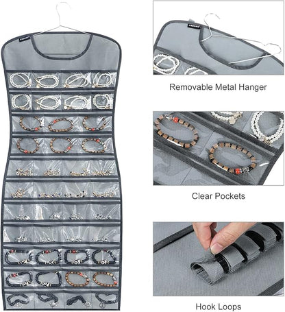 Hanging Jewelry Organizer Dual Sided 84 Clear Pockets and 6 Hook Loops Storage for Holding Jewelries Hair Accessories Dress Shaped Earring Holder (84 Pockets and 6 Hook Loops -Grey)