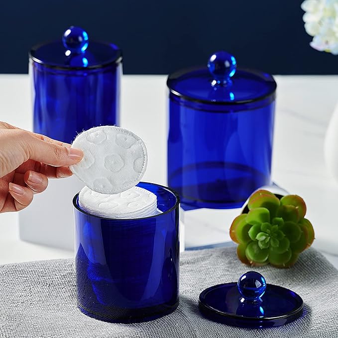 SheeChung 6-Pack Blue Acrylic Apothecary Jars - (3) 12oz & (3) 10oz Qtip Holder Set with Labels - Shatterproof Bathroom Vanity Organizer for Cotton Swabs, Balls, Pads - Coastal Decor