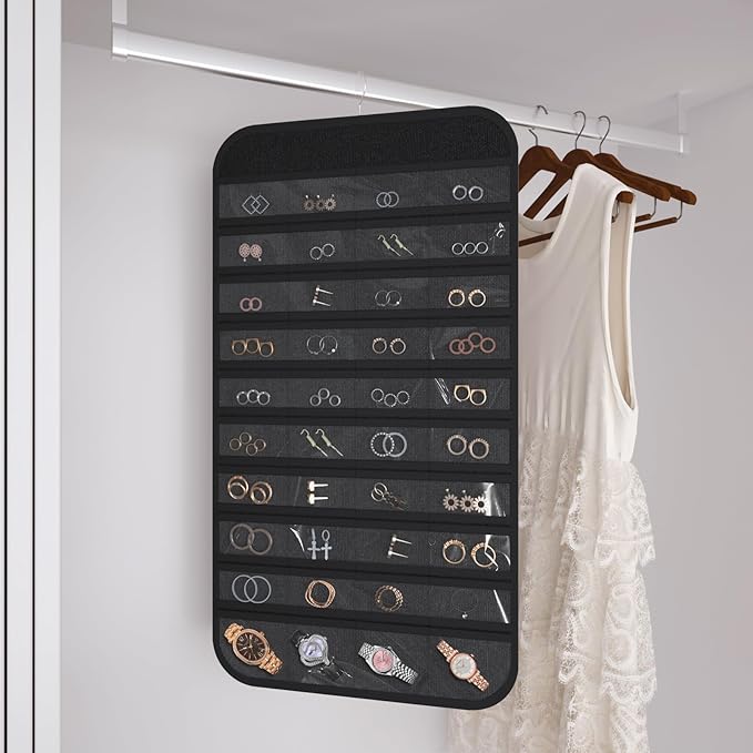 2-Pack Hanging Jewelry Organizer Storage, 40 Pockets 36 Hooks Necklace Earring Necklace Bracelet Ring Organizer, Double - Sided Design, Black