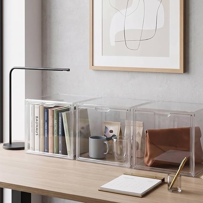 2-Pack Clear Book Storage Organizer Box, Stackable Acrylic Display Case with Magnetic Door, Portable Bookcase Containers for Comics, Handbags, Toys and Shoes, 14.2" x 10.6" x 8.7"