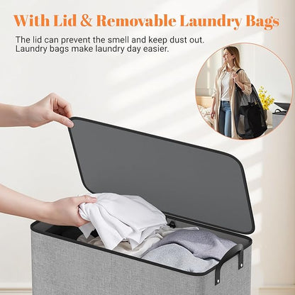 Large Double Laundry Hamper with Lid, Removable Bags & Reinforced Handles, 2 Section Tall Laundry Basket, Dirty Clothes Hampers for Laundry Room, Bedroom, Bathroom, Dorm, 136L, Gray