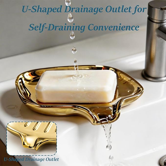 Gold-Plated Ceramic Soap Dish, Self-Draining Bar Soap Holder with U-Shaped Drainage, Decorative Soap Tray for Bathroom Shower & Kitchen Sink