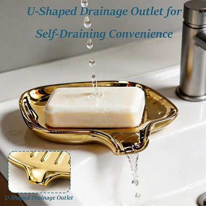 Gold-Plated Ceramic Soap Dish, Self-Draining Bar Soap Holder with U-Shaped Drainage, Decorative Soap Tray for Bathroom Shower & Kitchen Sink