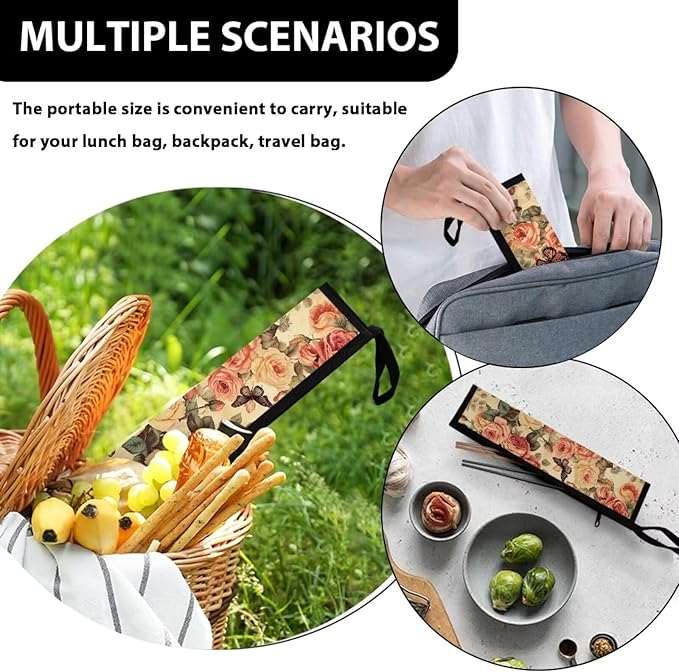 COEQINE Retro Butterfly Travel Silverware Holder Case Portable Cutlery Pouch Chopsticks Pouch With Handles Zipper Floral Retro Style