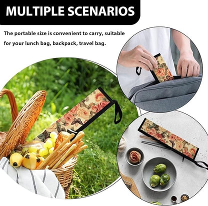 COEQINE Retro Butterfly Travel Silverware Holder Case Portable Cutlery Pouch Chopsticks Pouch With Handles Zipper Floral Retro Style