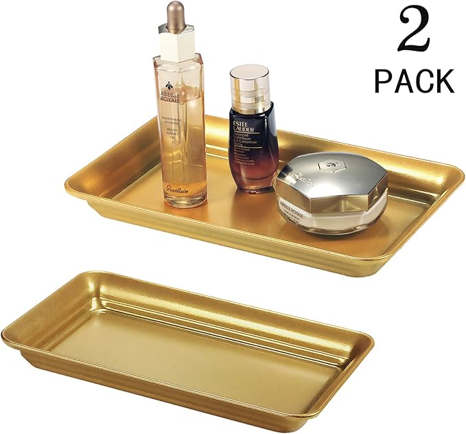 Vintage Farmhouse Decor Metal Vanity Tray(2 Pack),Countertop Guest Hand Towel Storage Organizer Tray Dispenser, Sturdy Holder for Perfume,Cosmetics, Jewelry, Makeup Bathroom Organizer（Gold）