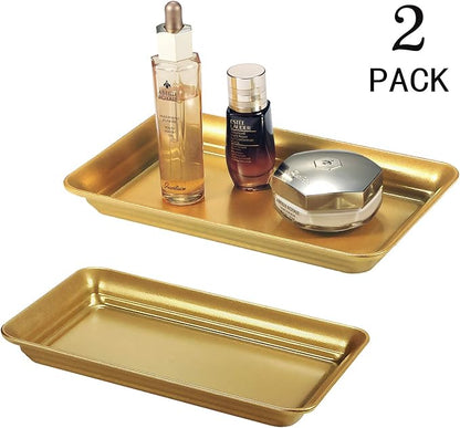 Vintage Farmhouse Decor Metal Vanity Tray(2 Pack),Countertop Guest Hand Towel Storage Organizer Tray Dispenser, Sturdy Holder for Perfume,Cosmetics, Jewelry, Makeup Bathroom Organizer（Gold）