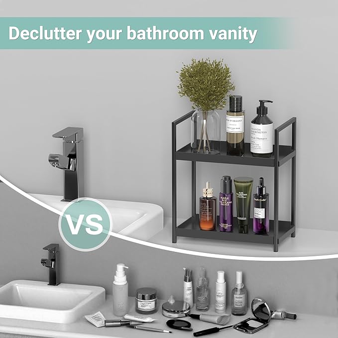Bathroom Organizer Countertop, 2 Tier Counter Storage Shelf for Makeup Perfume Skincare Cosmetic Beauty Product, Small Vanity Countertop Tray Stand Rack Holder for Mens Bathroom Sink Dresser, Black