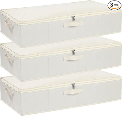 Clothes Organizers, Under Bed Storage Containers, Storage Bins With Lids and Reinforced Handles, Beige, 3 Pack, 23.6 x 11.8 x 5.9 Inch