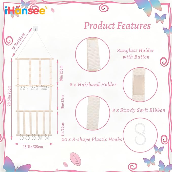 Hair Bow Organizer for Girls, Large Capacity Headband Holder Bow Holder W/ 20 Hooks & 8 Ribbons, Wall Hair Accessory Organizer for Baby Nursery Room Decor(30x14 Inch,Beige)