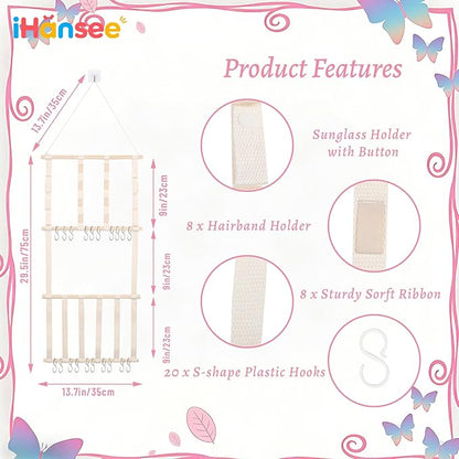 Hair Bow Organizer for Girls, Large Capacity Headband Holder Bow Holder W/ 20 Hooks & 8 Ribbons, Wall Hair Accessory Organizer for Baby Nursery Room Decor(30x14 Inch,Beige)