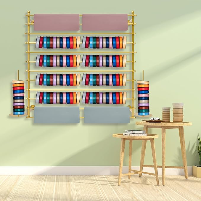 Wall Mounted Display Rack, 12 Layer Wall Wrapping Paper Ribbon Organizer, Scarves Tie & Scarf Rack Belts Towel Holder for Home, Retail Stores, Flower Shop (Gold)
