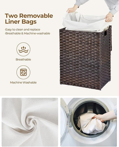 Greenstell Laundry Hamper with Lid, 90L Clothes Hamper with 2 Removable Liner Bags & 2 Mesh Laundry Bags, Handwoven Synthetic Rattan Laundry Basket for Clothes, Toys in Bathroom, Bedroom Brown