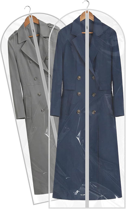60” All Clear Garment Bags for Travel - PEVA Waterproof Suit Cover with Zipper for Hanging Clothes, long Gowns - Durable Dresser for Closet Storage, Dustproof & Moisture Resistant - 60”/2 Pack