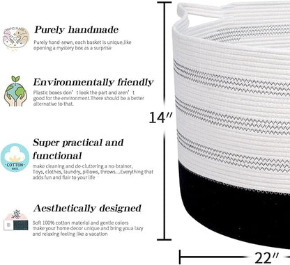 R RUNKA XXXLarge Cotton Rope Basket 22" X 22"X 14" Blanket Basket for Living Room Woven Basket Soft Baby Laundry Blanket Basket Nursery Bin Toy Basket with Handle White+Black