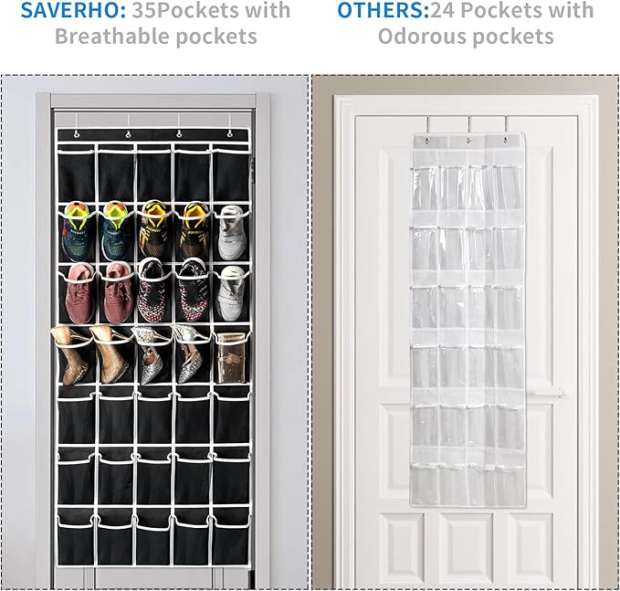 SAVERHO 35 Pockets Over the Door Shoe Organizer, Hanging Shoe Organizer for Door with 35 Mesh Pockets Large Capacity Shoe Hanging Storage Bag with 4 Metal Hooks (Black-1Pack)