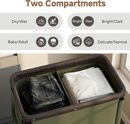StorageWorks Laundry Hamper 2 Section, 100L Rolling Laundry Sorter Cart with Removable and Washable Liner Bag, Clothes Hamper with Wheels and Handle for Laundry Room and Bedroom, Green