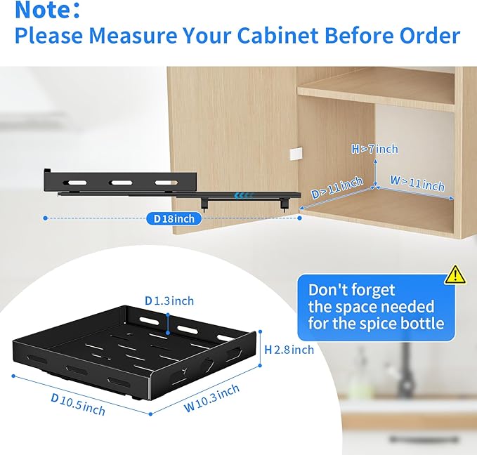 BOIVSHI Pull Out Spice Rack Organizer for Cabinet, Heavy Duty Spice Organizer, Vertical Spice Rack Organizer for Kitchen, Cabinet, Pantry (10.5''Wx10.5''Dx2.8''H, Metal Black)