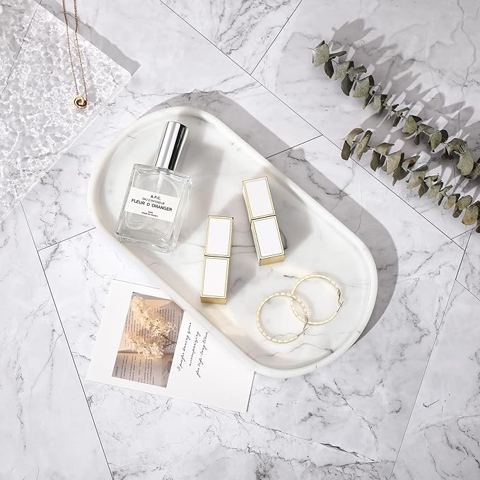 Emibele Bathroom Tray, Resin Oval Vanity Tray Countertop Organizer Toilet Tank Kitchen Tray Decorative Jewelry Storage Tray for Perfume Candles Soap Towel Small Plant Home Decor, M, Marble White