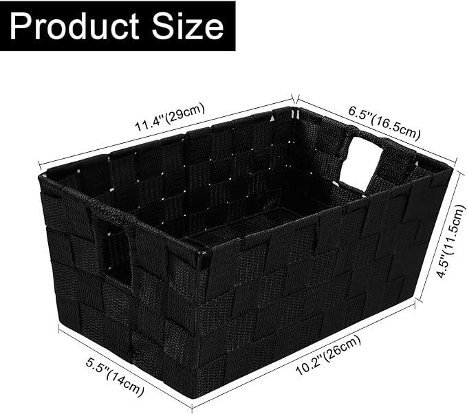 Woven Black Storage Baskets Shelf Tote Boxes Container, Durable Storage Organizer Bins with Built-in Handles for Bedroom, Office, Closet, Kids Room, Nursery, 3-Pack,11.4”x 6.5”x 4.5”