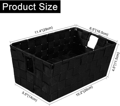 Woven Black Storage Baskets Shelf Tote Boxes Container, Durable Storage Organizer Bins with Built-in Handles for Bedroom, Office, Closet, Kids Room, Nursery, 3-Pack,11.4”x 6.5”x 4.5”