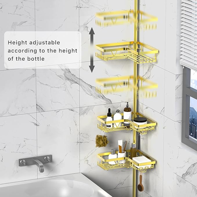 KEGII Corner Gold Shower Caddy Tension Pole - 4-Tier Rustproof Shower Rod Organizer, Floor to Ceiling Tension Rod 25-114.2 inch, Stainless Steel Corner Shower Shelf, Waterproof