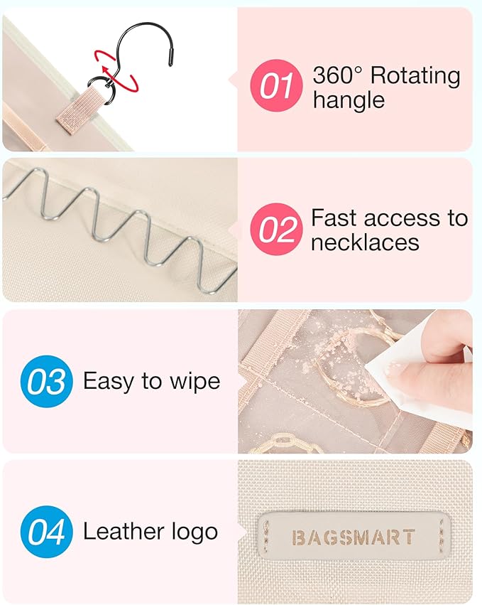 BAGSMART Hanging Jewelry Organizer Storage Roll with Hanger Metal Hooks Double-Sided Jewelry Holder for Earrings, Necklaces, Rings on Closet, Wall, Door, 1 piece, Large, Beige