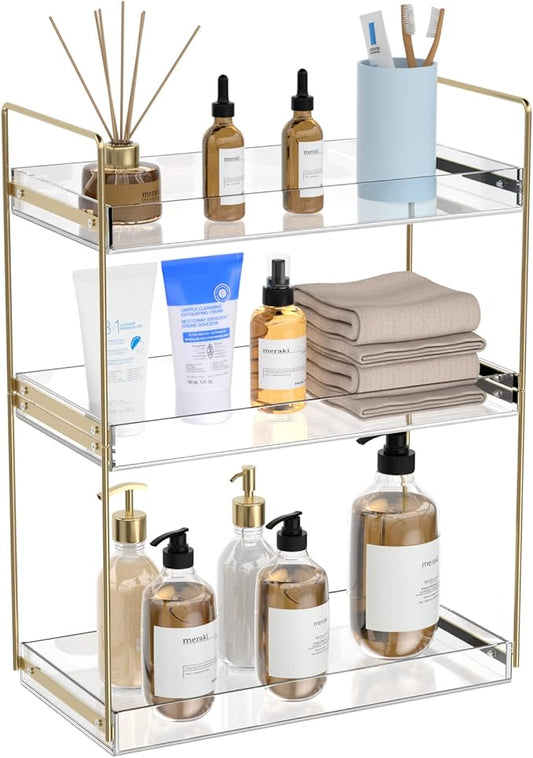 Bathroom Countertop Organizer, 3 Tier Acrylic Tray Vanity Counter Skincare Organizer Shelf, Kitchen Under Sink Standing Rack, Home Storage Holder for Lotion Makeup Cosmetics Perfume Spice, Gold | Vanity Counter, Kitchen Under Sink, Home Storage Holder,...