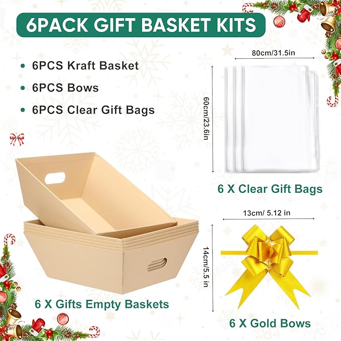 AFOROEOA 6PACK Baskets For Gifts Empty, 10x12”Thick Kraft Gift Basket with 6Bows 6Bags Empty Gift Baskets for Christmas, Valentine’s Day, Easter, Birthdays, Valentine’s Day Wrapping Gift