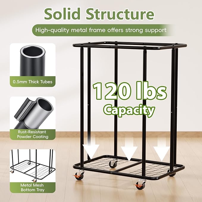 200L Laundry Hamper with Wheels, Rolling Laundry Basket with Metal Frame and Removable Bag, Large & Tall Dirty Clothes Hampers for Bedroom Aesthetic, Laundry Room, Bathroom, Dorm-Black