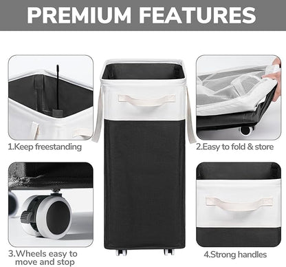 Goodpick Hamper with Wheels 75L 2-Pack, Tall Laundry Basket with Removable Wash Bags, Rolling Black Laundry Hamper for Corner Dorm, Large Collapsible Laundry Baskets