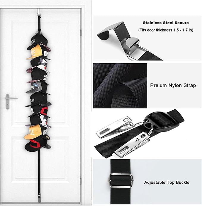 Hat Organizer for Baseball Caps, Hat Storage Display Holder, Stainless Steel Hat Rack for Over The Door, Hat Hanger Hold up to 20 Hats for Closet Door and Bedroom (1 PCS)
