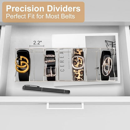 Belt Organizer Storage for Closet, Acrylic Belt Holder Box with 7 Compartments for Drawer, Clear Tie Display Case for Men Women, Home Organization