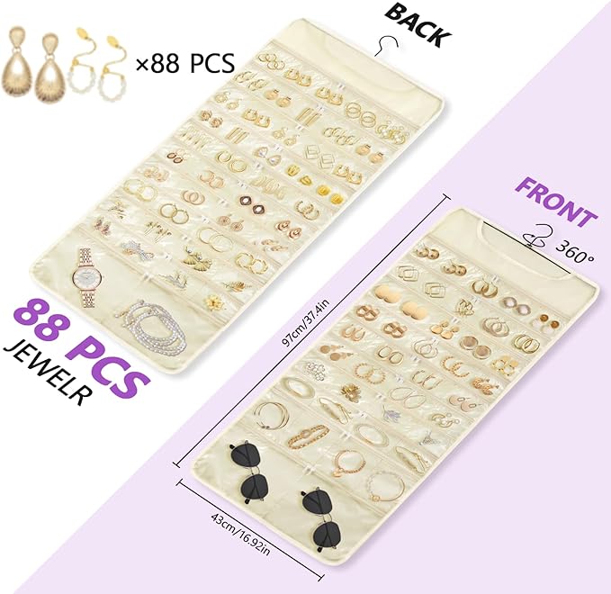 FOREGOER Hanging Jewelry Organizer with 88 Zippered Pockets, Dustproof Foldable for Travel, Accessories Organizer for Holding Jewelries Earring Organizers and Storage (Beige)