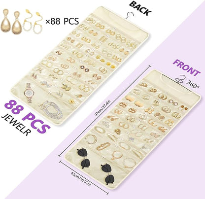 FOREGOER Hanging Jewelry Organizer with 88 Zippered Pockets, Dustproof Foldable for Travel, Accessories Organizer for Holding Jewelries Earring Organizers and Storage (Beige)