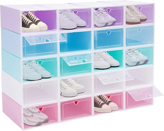 20 PCS Shoe Storage Boxes,Clear Plastic Colorful Shoebox Stackable Shoe Organizer Foldable Display Box Container Closet Shelf Display Case Ventilation